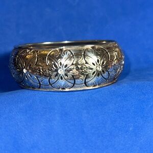 Brighton silver cuff bracelet -hinged scroll cutout floral  design